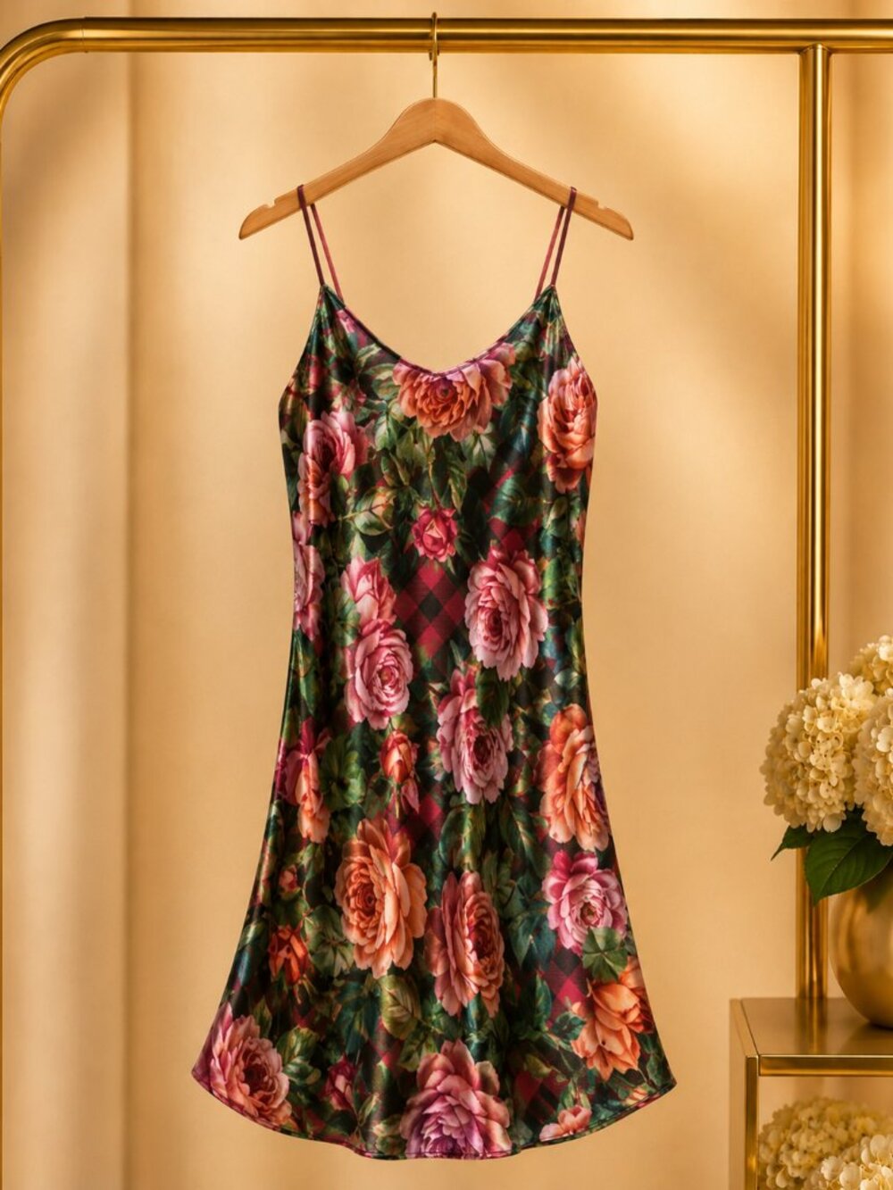 Vintage Amelia’s Floral Slip Dress M Rose Print Plaid Spaghetti Strap Lingerie